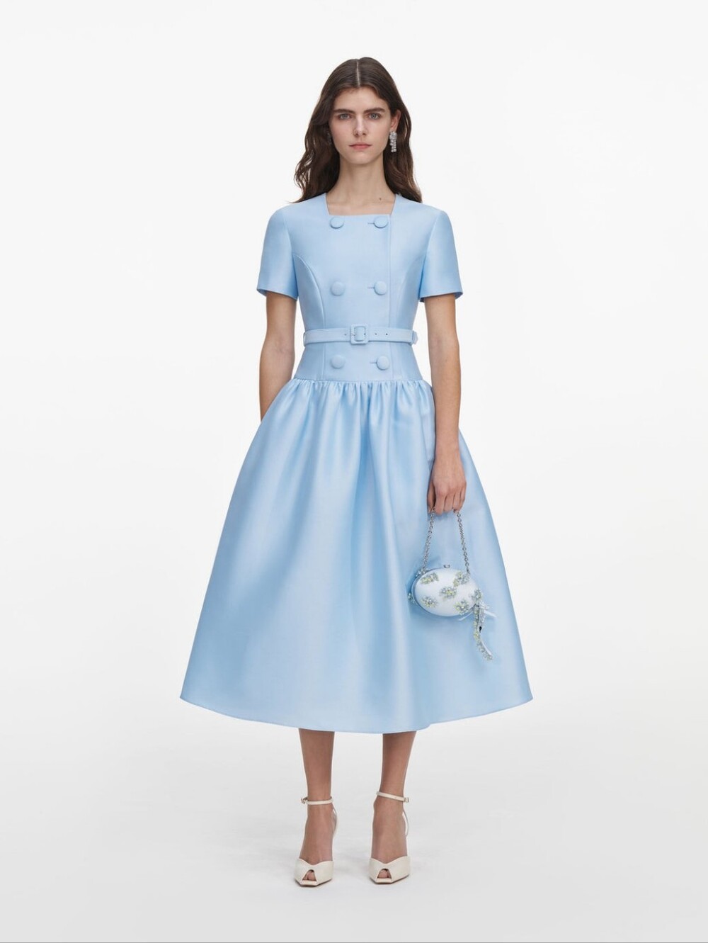 Self Portrait Blue Button Front Taffeta Midi Dress
